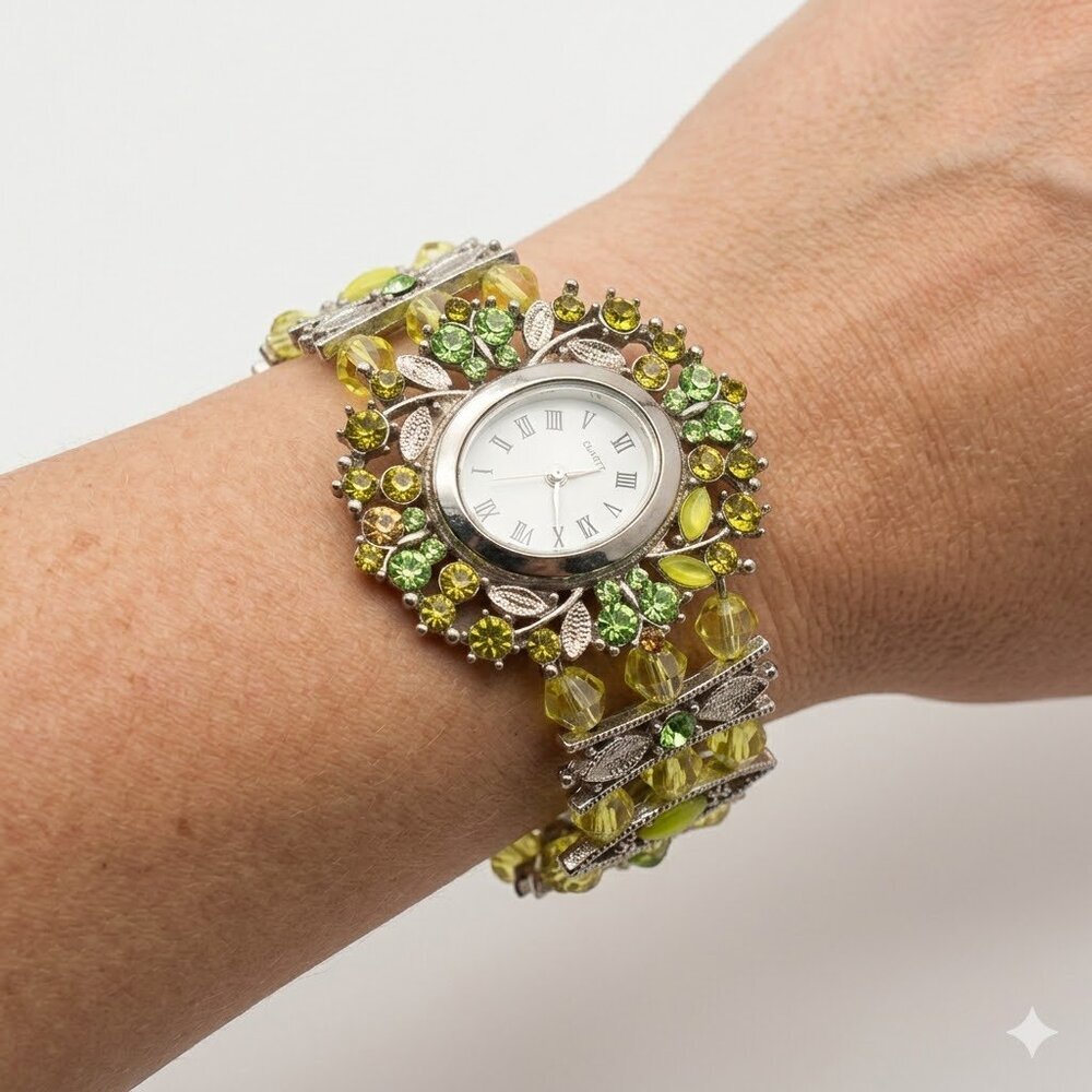 Elegant Green Gemstone Women's Watch